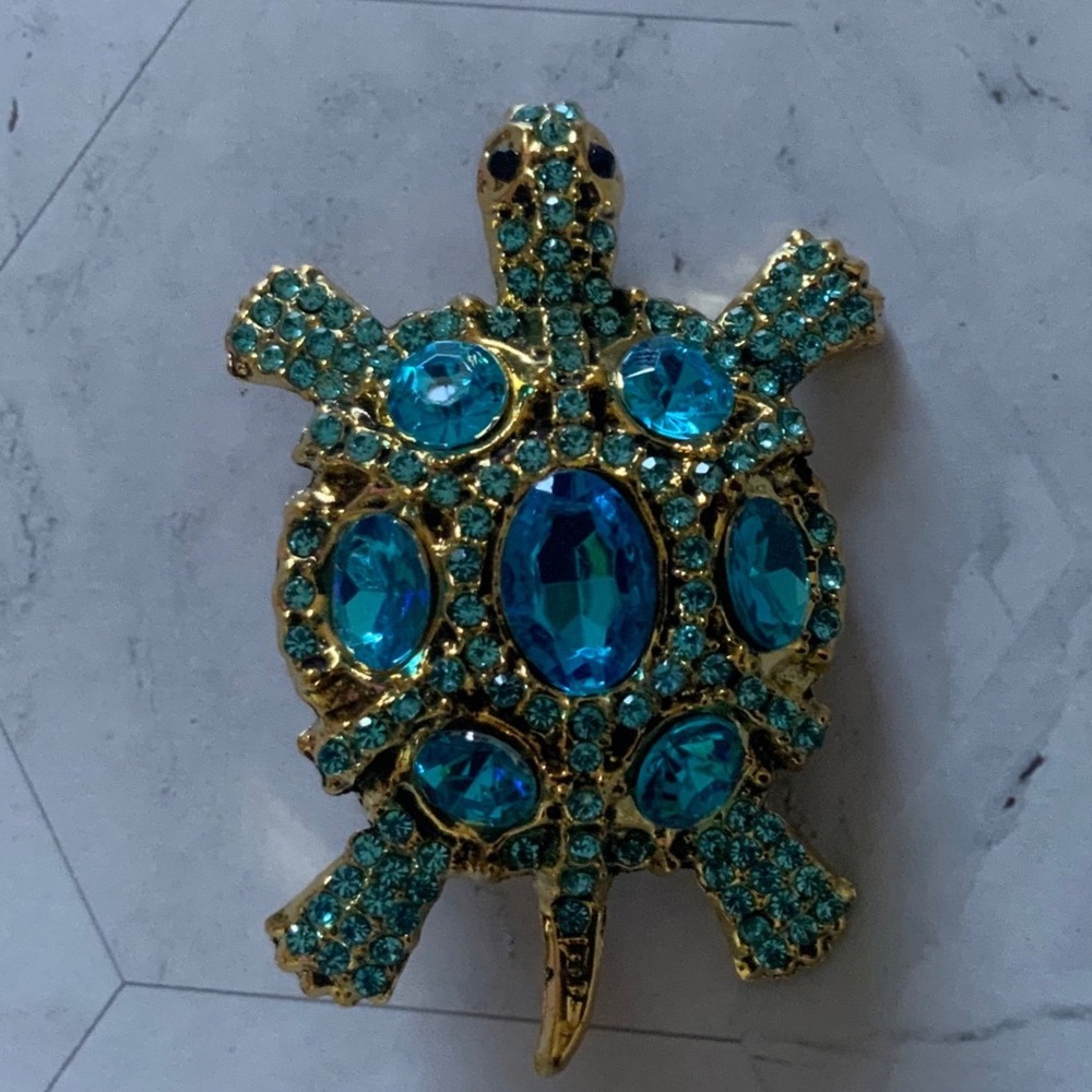 Vintage Style Blue Crystal Rhinestone Turtle Brooch Pin Gold Tone Tortoise 2"